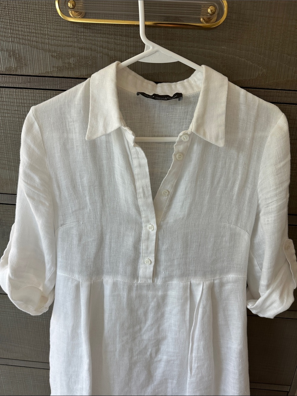 White Linen Mini Shirt Dress with Button Placket - Picture 3 of 7